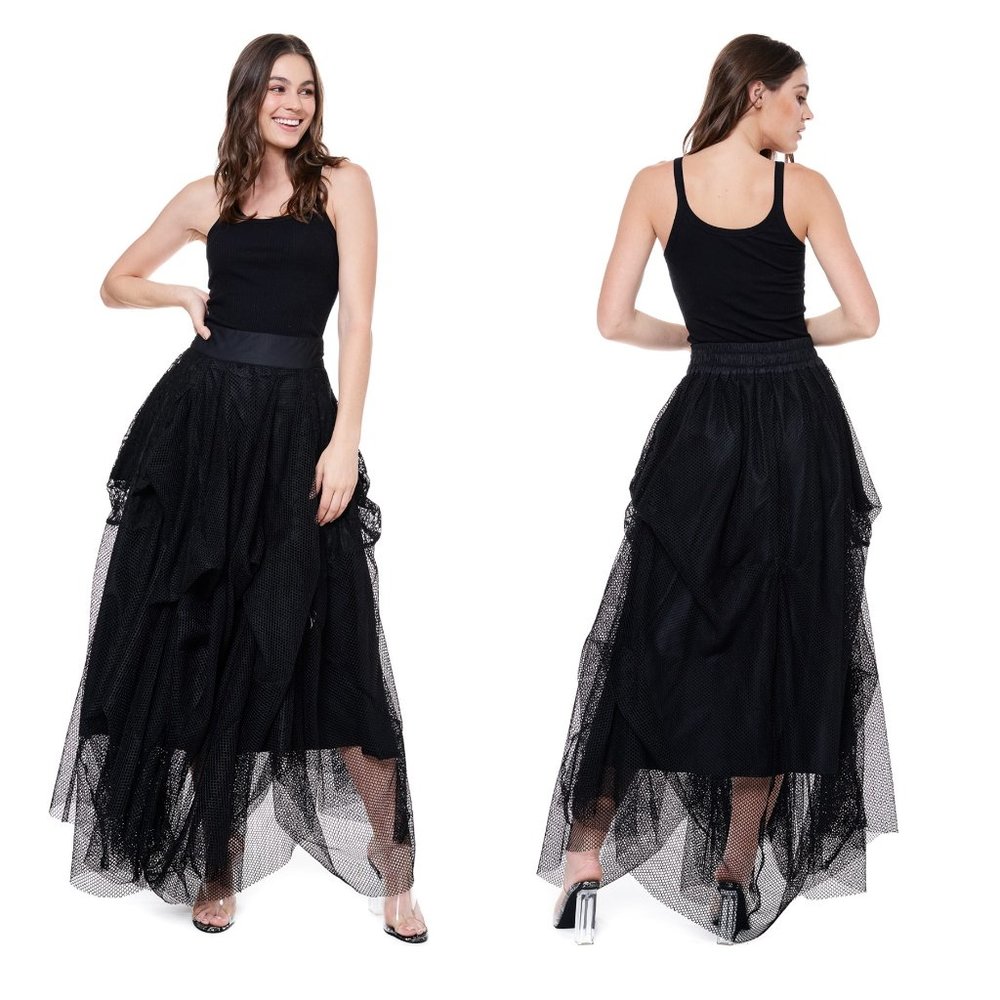 NEW TOV HOLY The Damsel's Black Gathered Mesh Net Maxi Skirt S M L XL MSRP 216